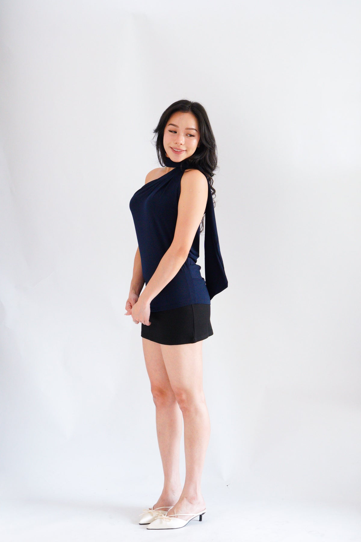 Sarana High Neck Self Tie Choker Top in Dark Blue