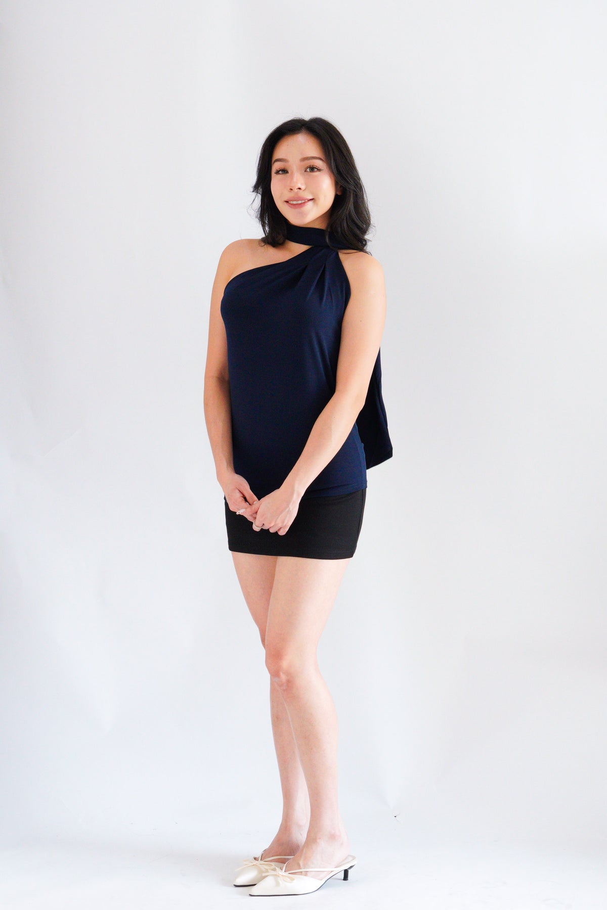 Sarana High Neck Self Tie Choker Top in Dark Blue