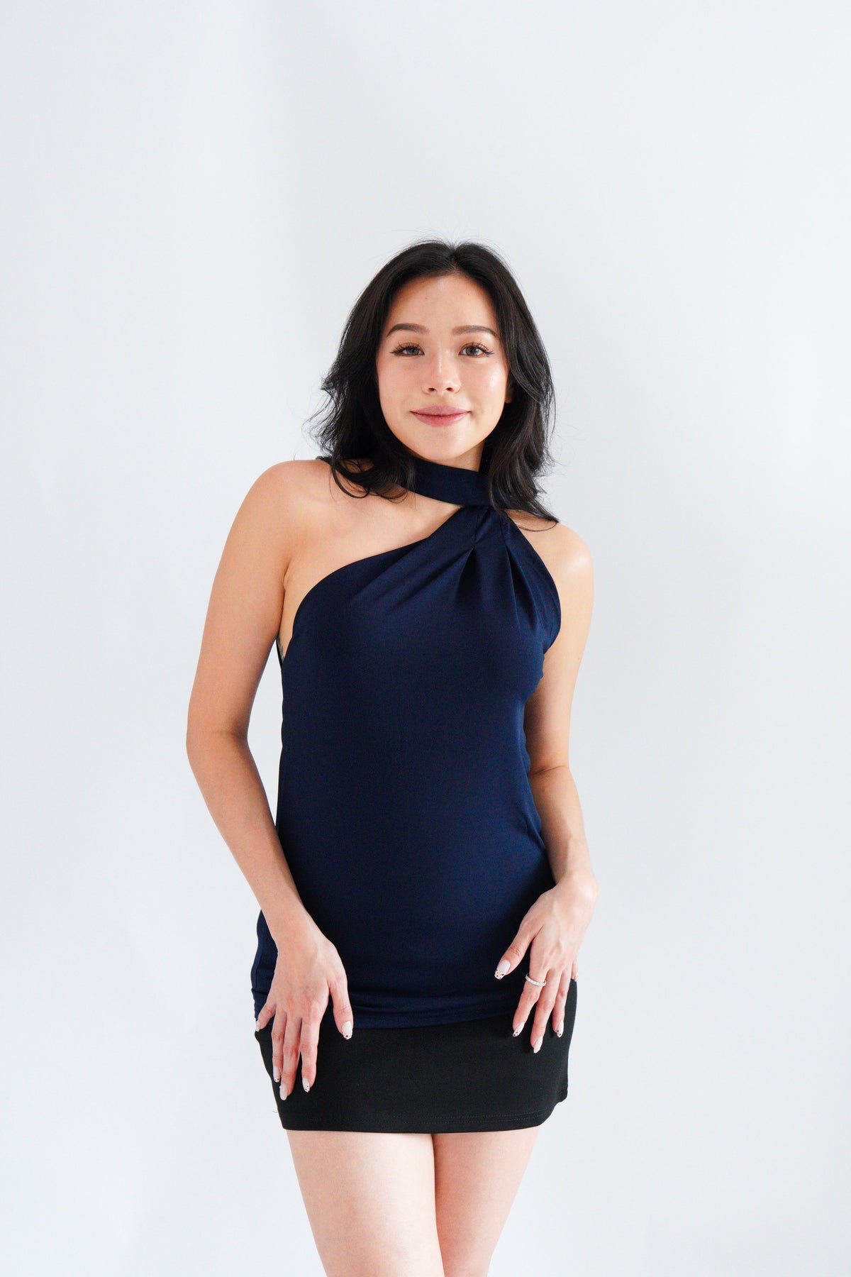 Sarana High Neck Self Tie Choker Top in Dark Blue
