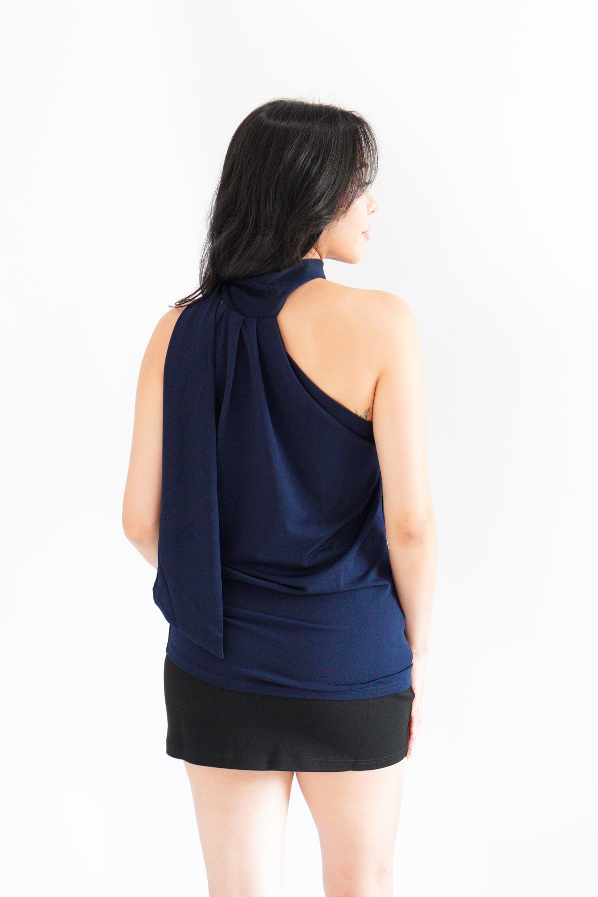 Sarana High Neck Self Tie Choker Top in Dark Blue