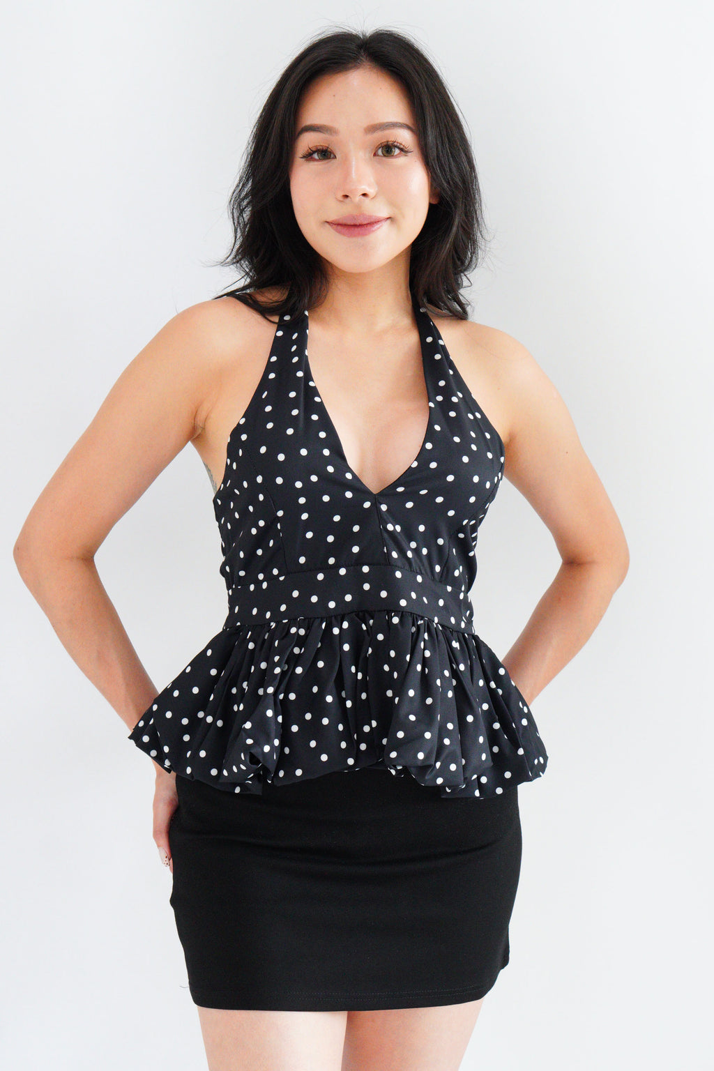 Lizz Halter V Neck Polkadot Top in Black