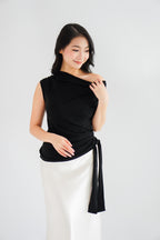 Yira Cowl Neck Ruched Side Tie Top in Black
