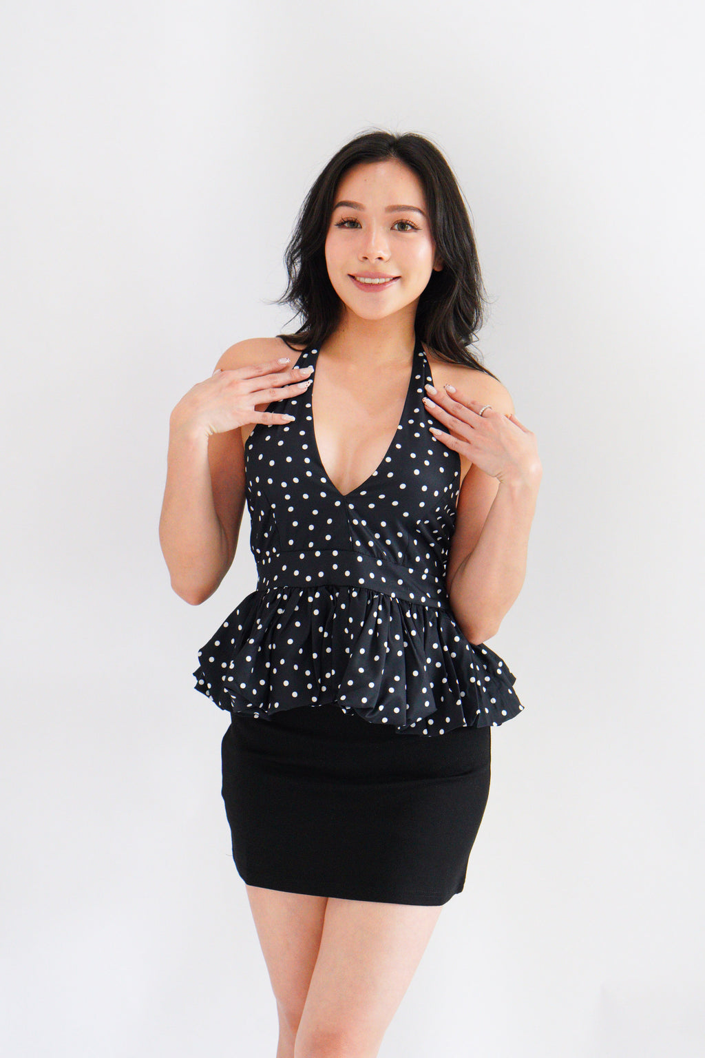 Lizz Halter V Neck Polkadot Top in Black