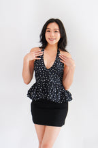 Lizz Halter V Neck Polkadot Top in Black