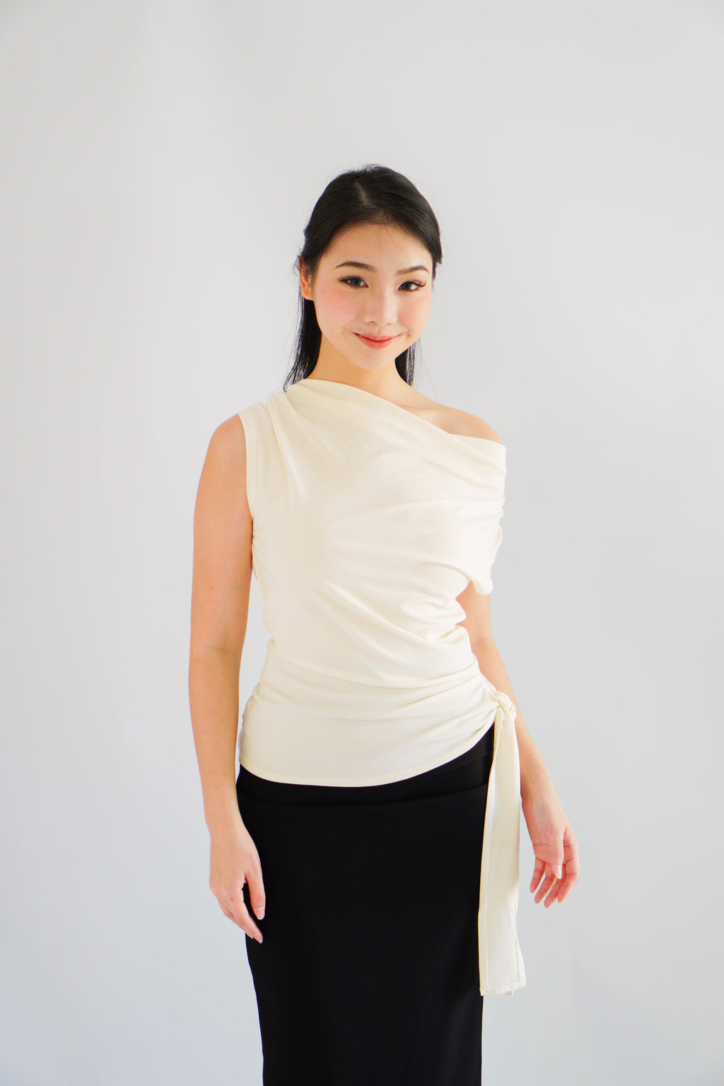 Yira Cowl Neck Ruched Side Tie Top in Cream
