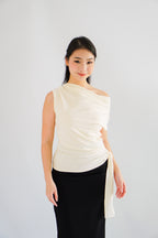 Yira Cowl Neck Ruched Side Tie Top in Cream