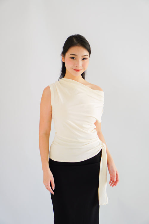 Yira Cowl Neck Ruched Side Tie Top in Cream