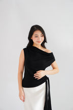 Yira Cowl Neck Ruched Side Tie Top in Black