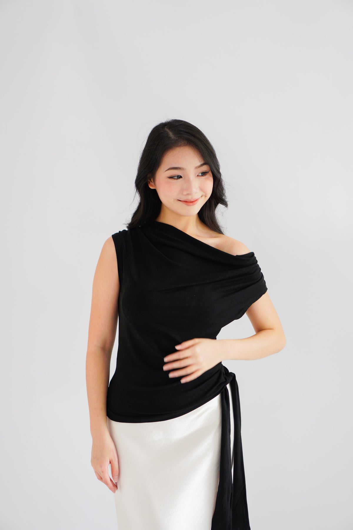 Yira Cowl Neck Ruched Side Tie Top in Black