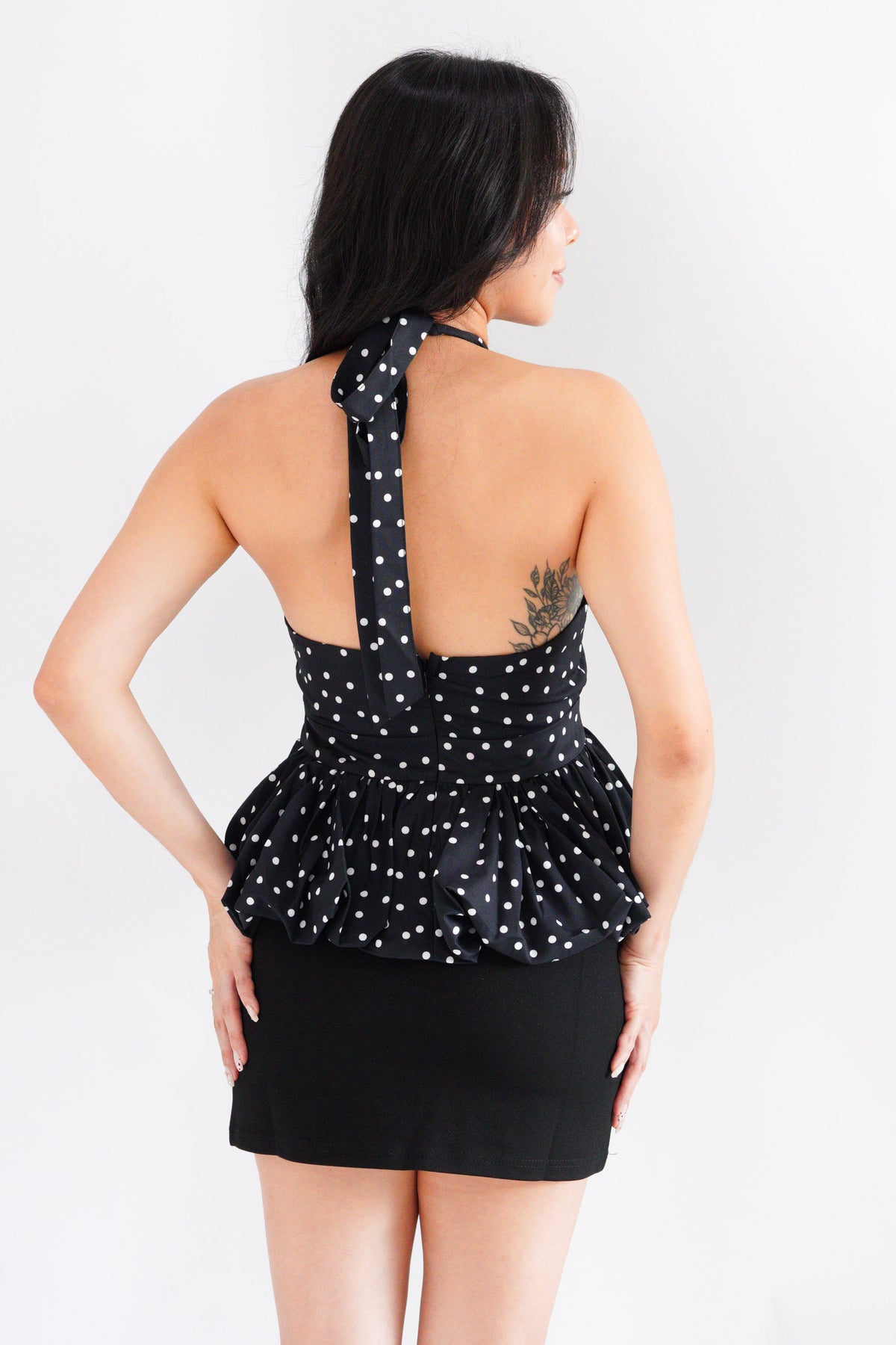 Lizz Halter V Neck Polkadot Top in Black