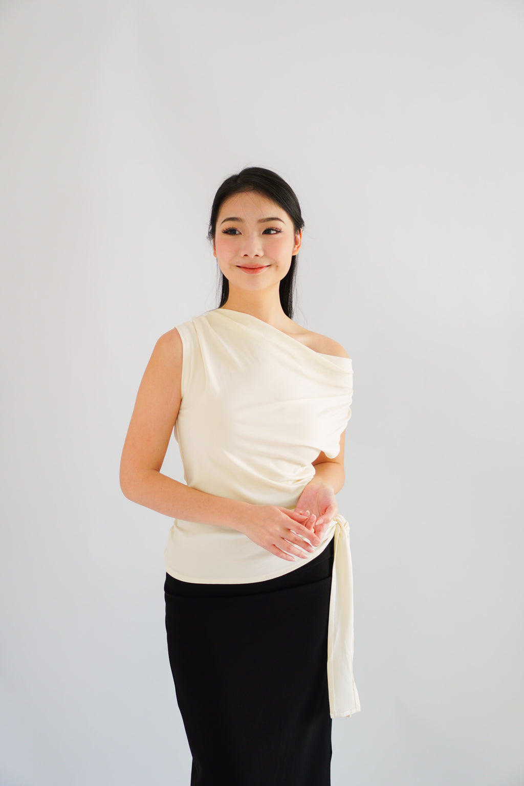 Yira Cowl Neck Ruched Side Tie Top in Cream