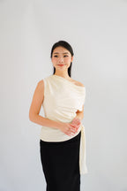 Yira Cowl Neck Ruched Side Tie Top in Cream