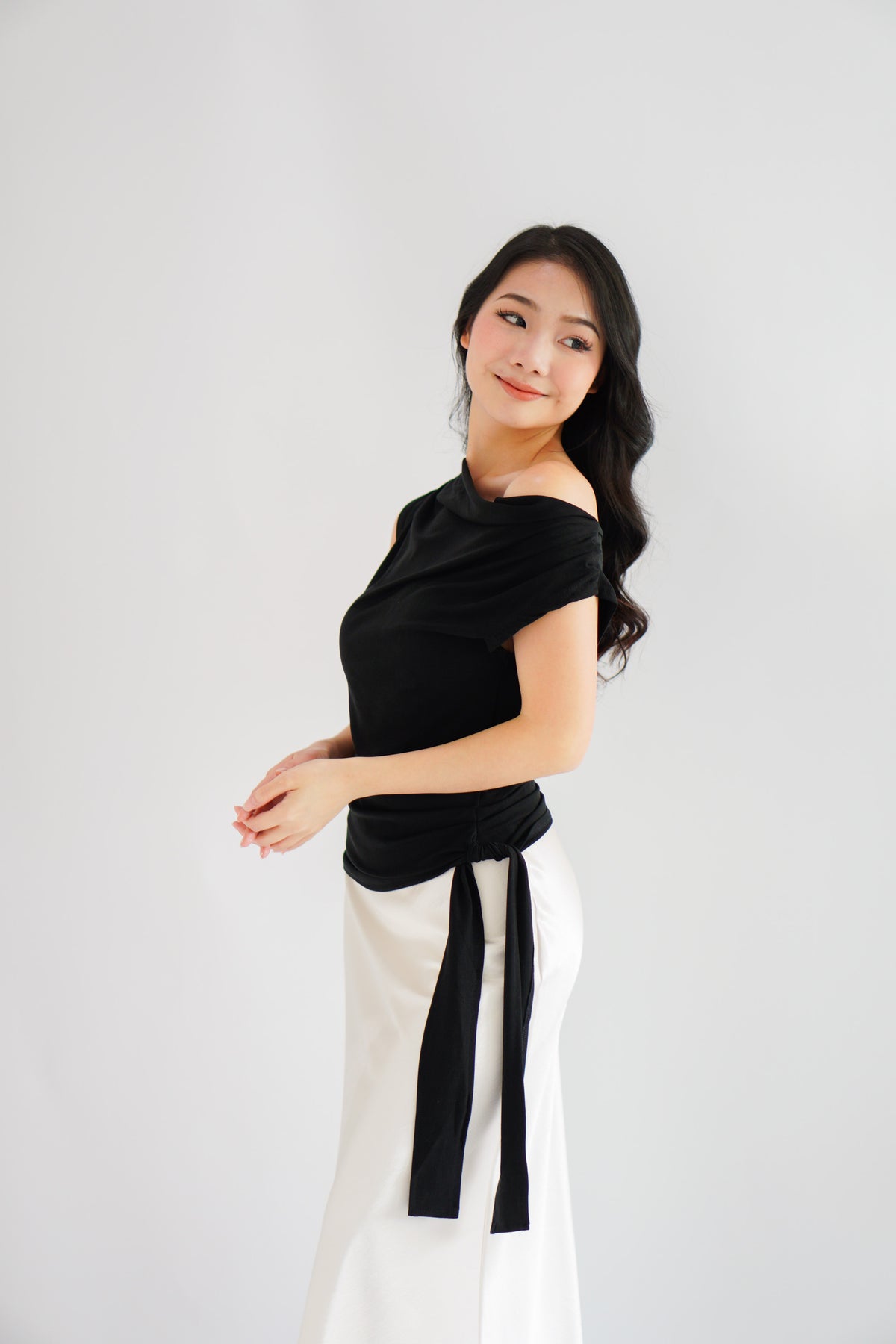 Yira Cowl Neck Ruched Side Tie Top in Black