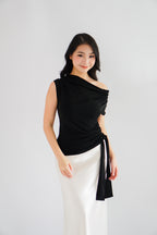 Yira Cowl Neck Ruched Side Tie Top in Black