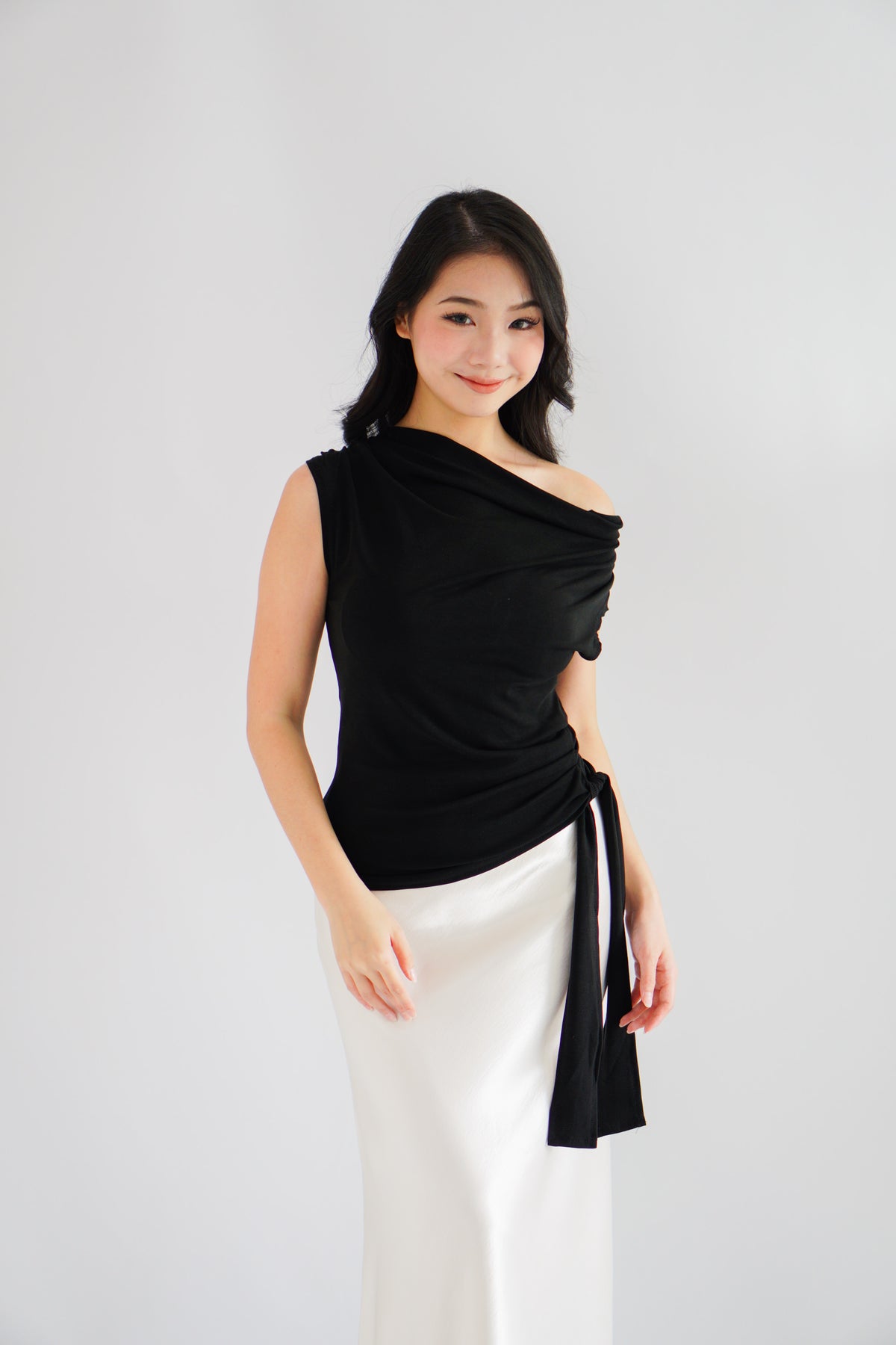 Yira Cowl Neck Ruched Side Tie Top in Black