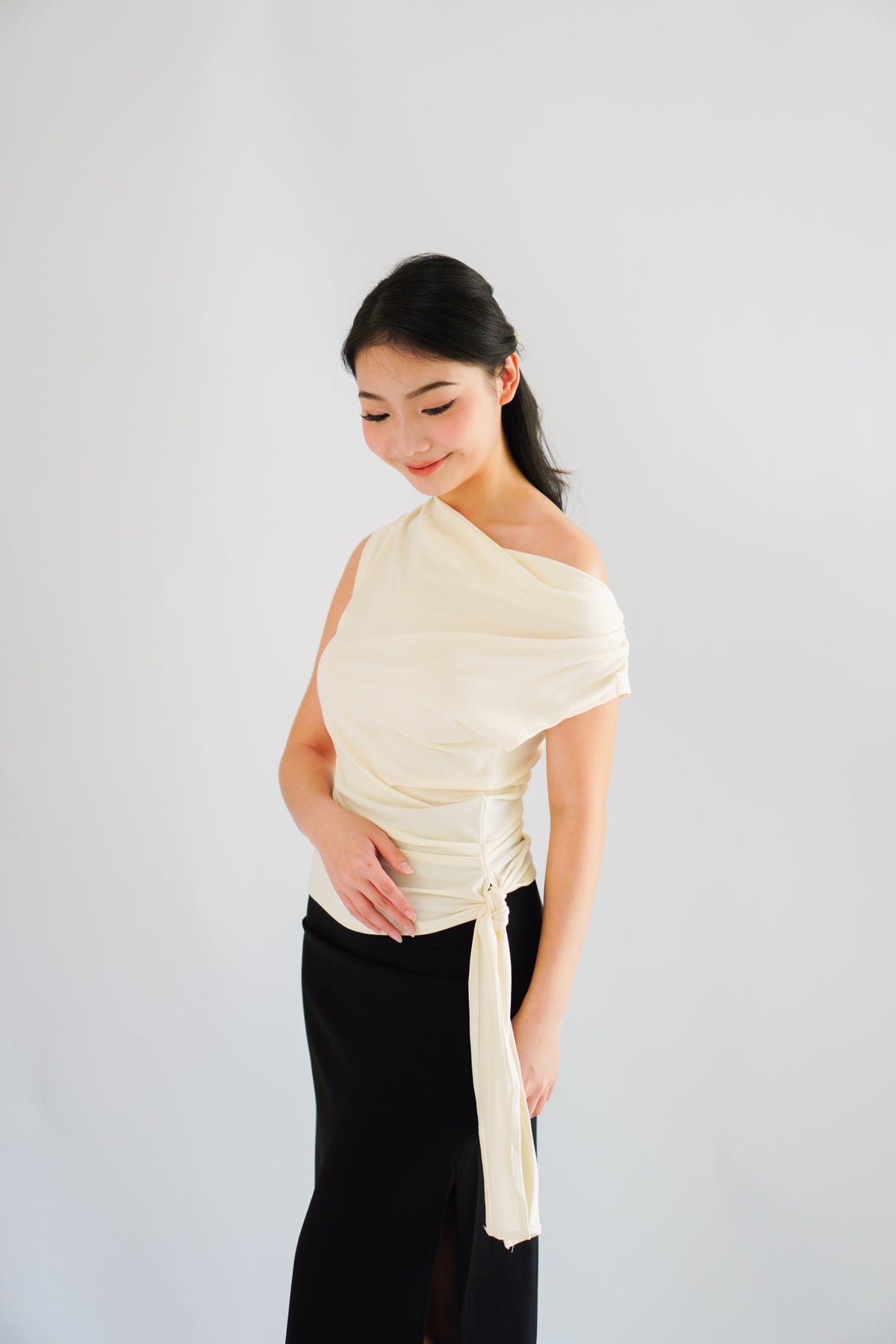 Yira Cowl Neck Ruched Side Tie Top in Cream