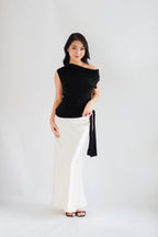 Yira Cowl Neck Ruched Side Tie Top in Black