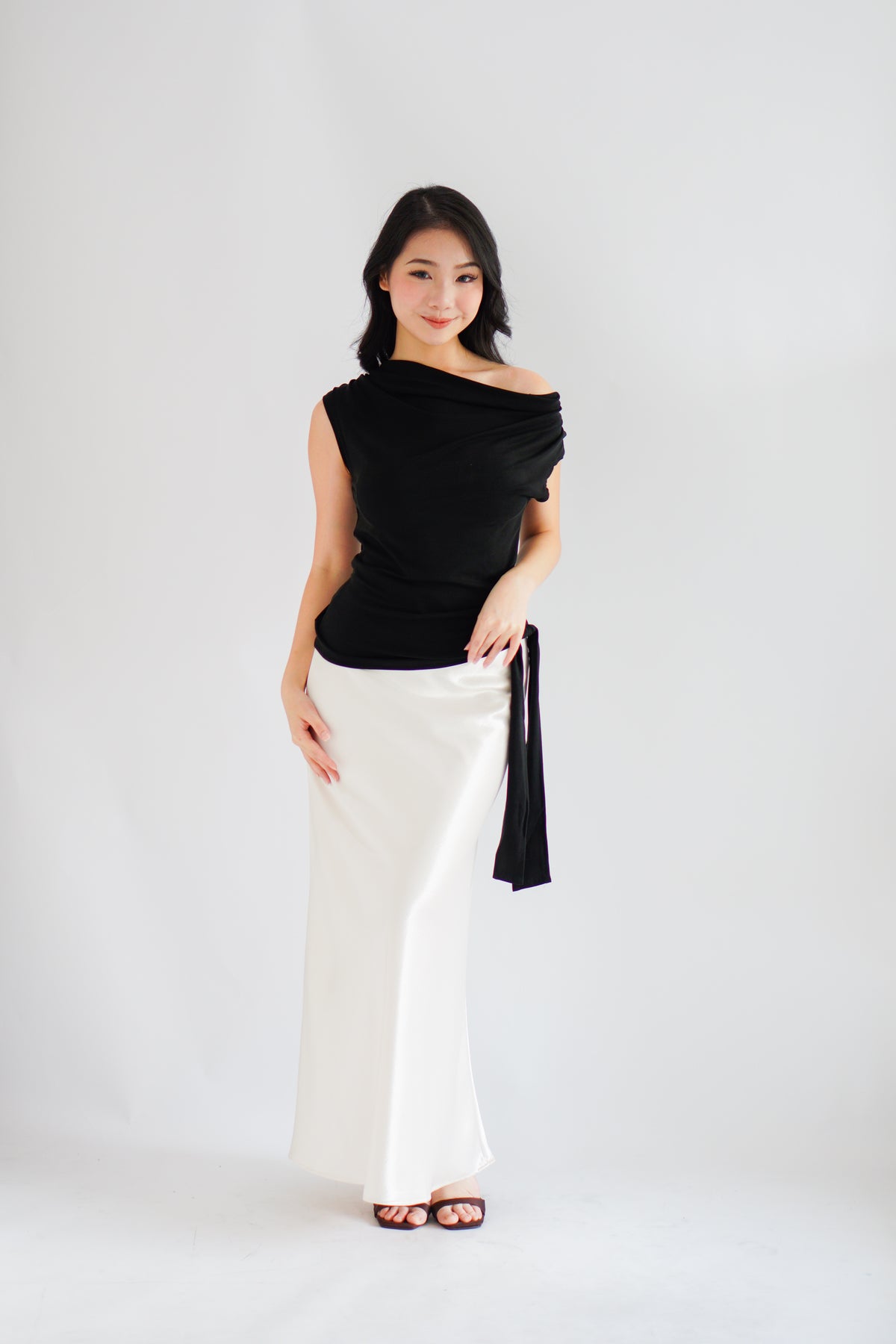 Yira Cowl Neck Ruched Side Tie Top in Black
