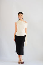 Yira Cowl Neck Ruched Side Tie Top in Cream