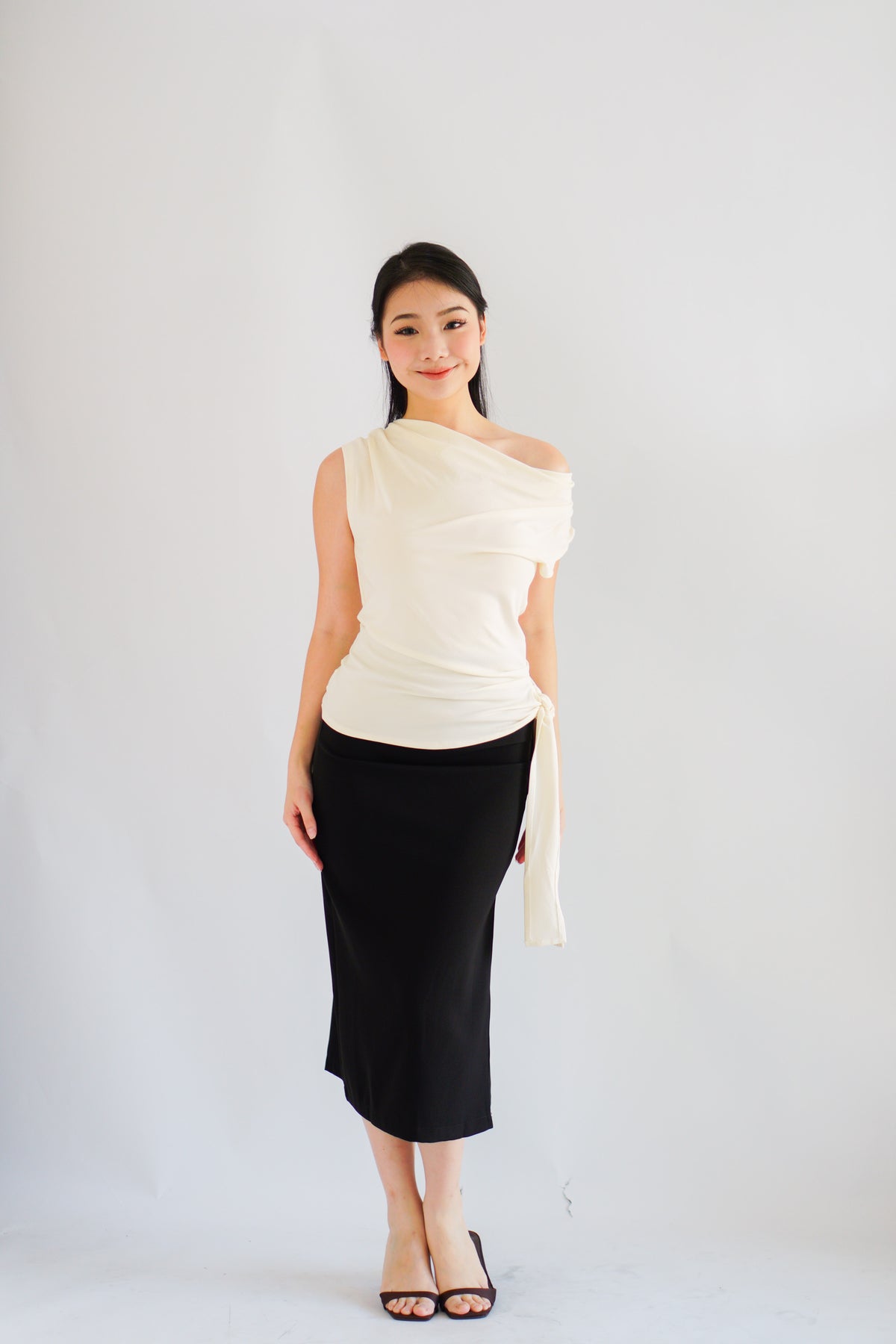 Yira Cowl Neck Ruched Side Tie Top in Cream