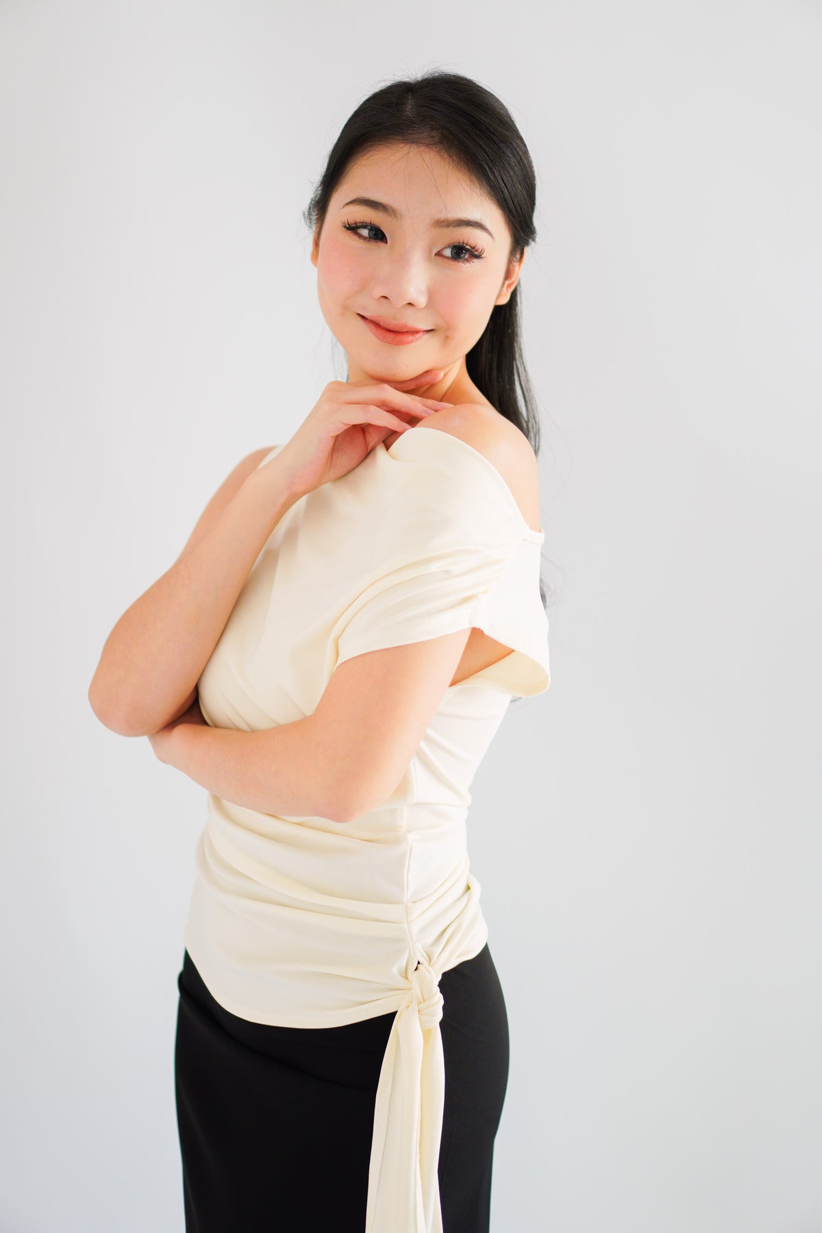 Yira Cowl Neck Ruched Side Tie Top in Cream