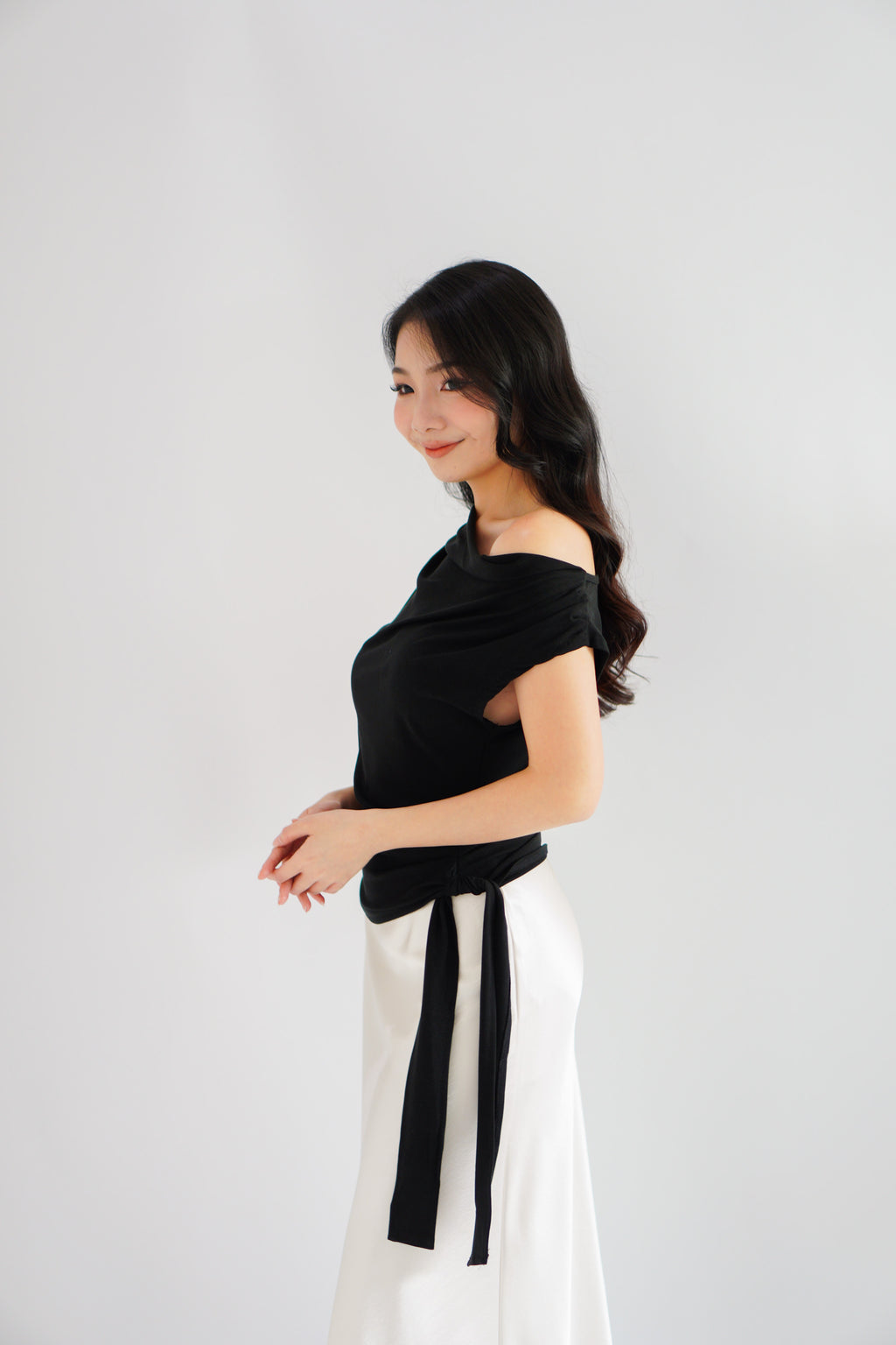 Yira Cowl Neck Ruched Side Tie Top in Black