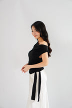 Yira Cowl Neck Ruched Side Tie Top in Black