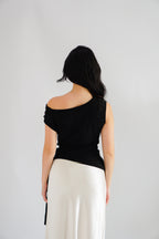 Yira Cowl Neck Ruched Side Tie Top in Black