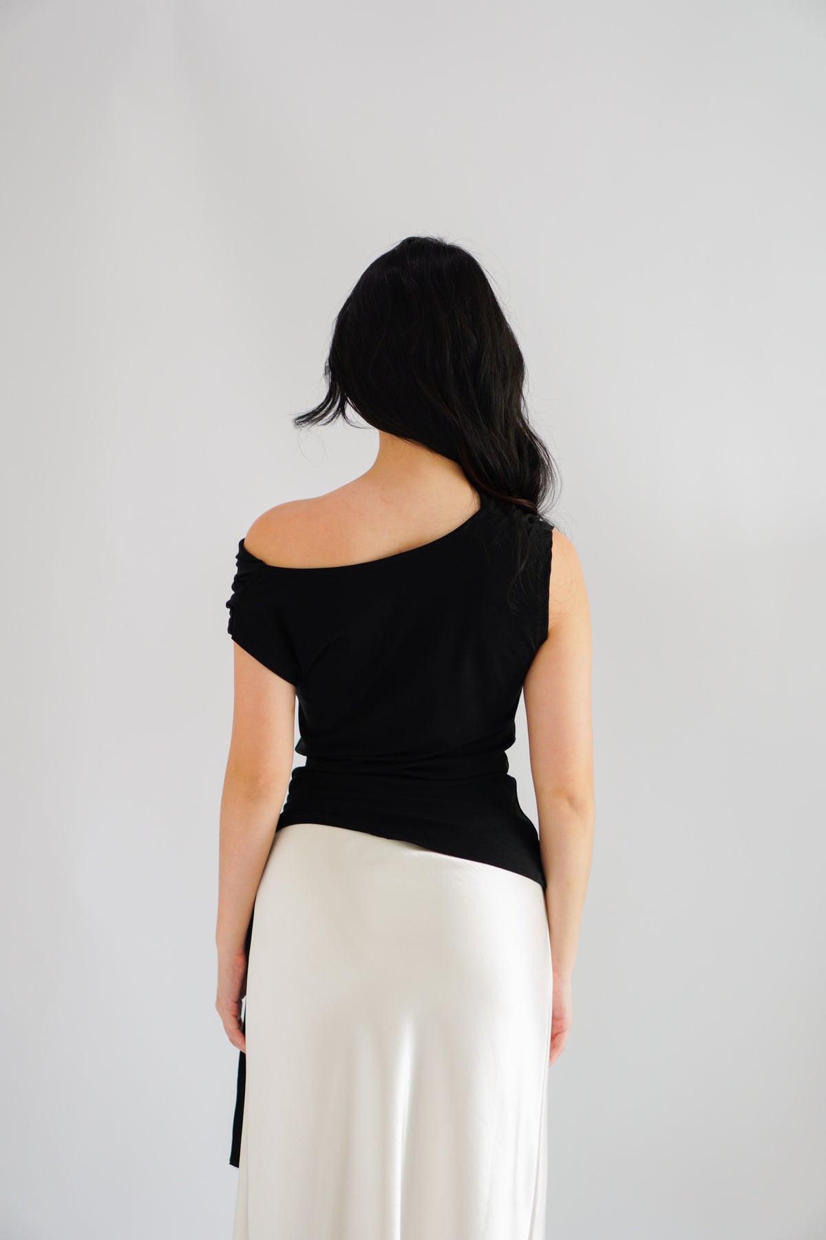 Yira Cowl Neck Ruched Side Tie Top in Black