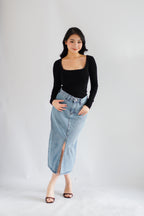 Frinda Square Neck Padded Long Sleeve Top with Lace in Black