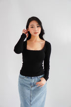Frinda Square Neck Padded Long Sleeve Top with Lace in Black