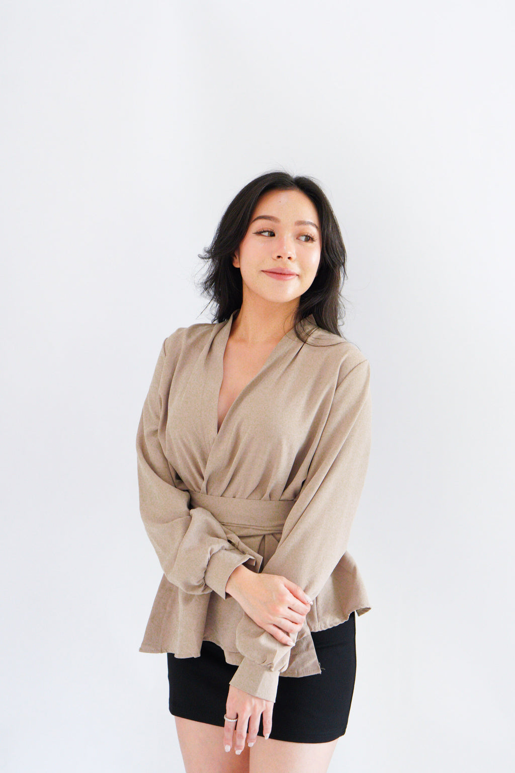 Raiya Self Wrap Long Sleeve Top in Khaki