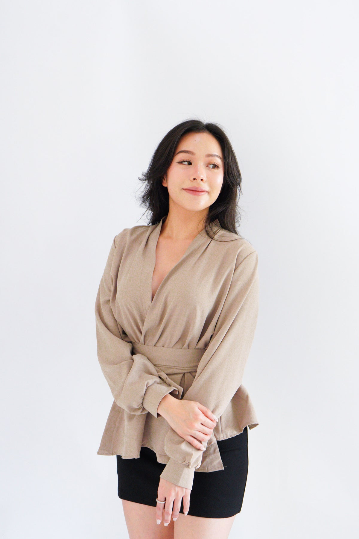 Raiya Self Wrap Long Sleeve Top in Khaki