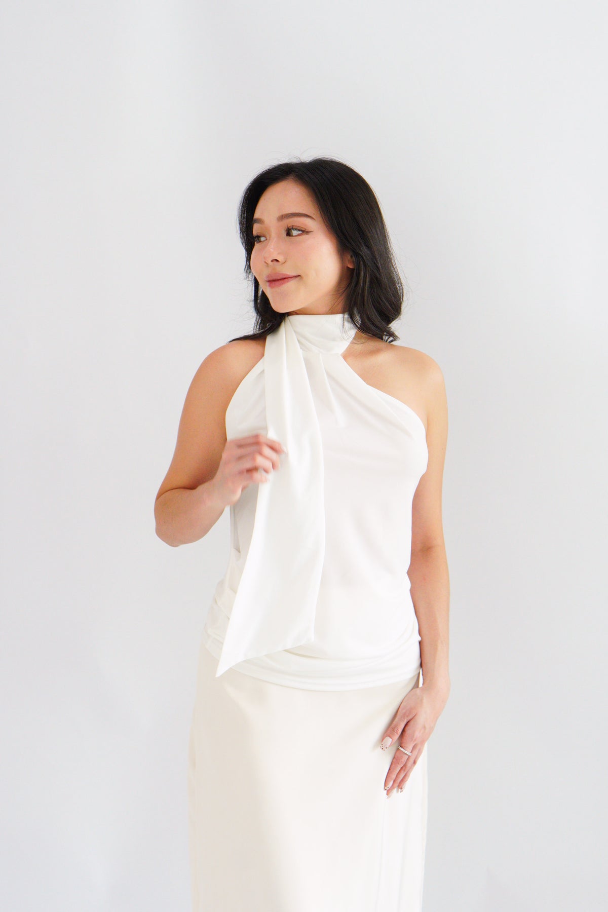 Sarana High Neck Self Tie Choker Top in White