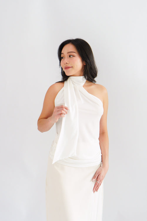 Sarana High Neck Self Tie Choker Top in White
