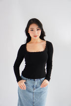 Frinda Square Neck Padded Long Sleeve Top with Lace in Black