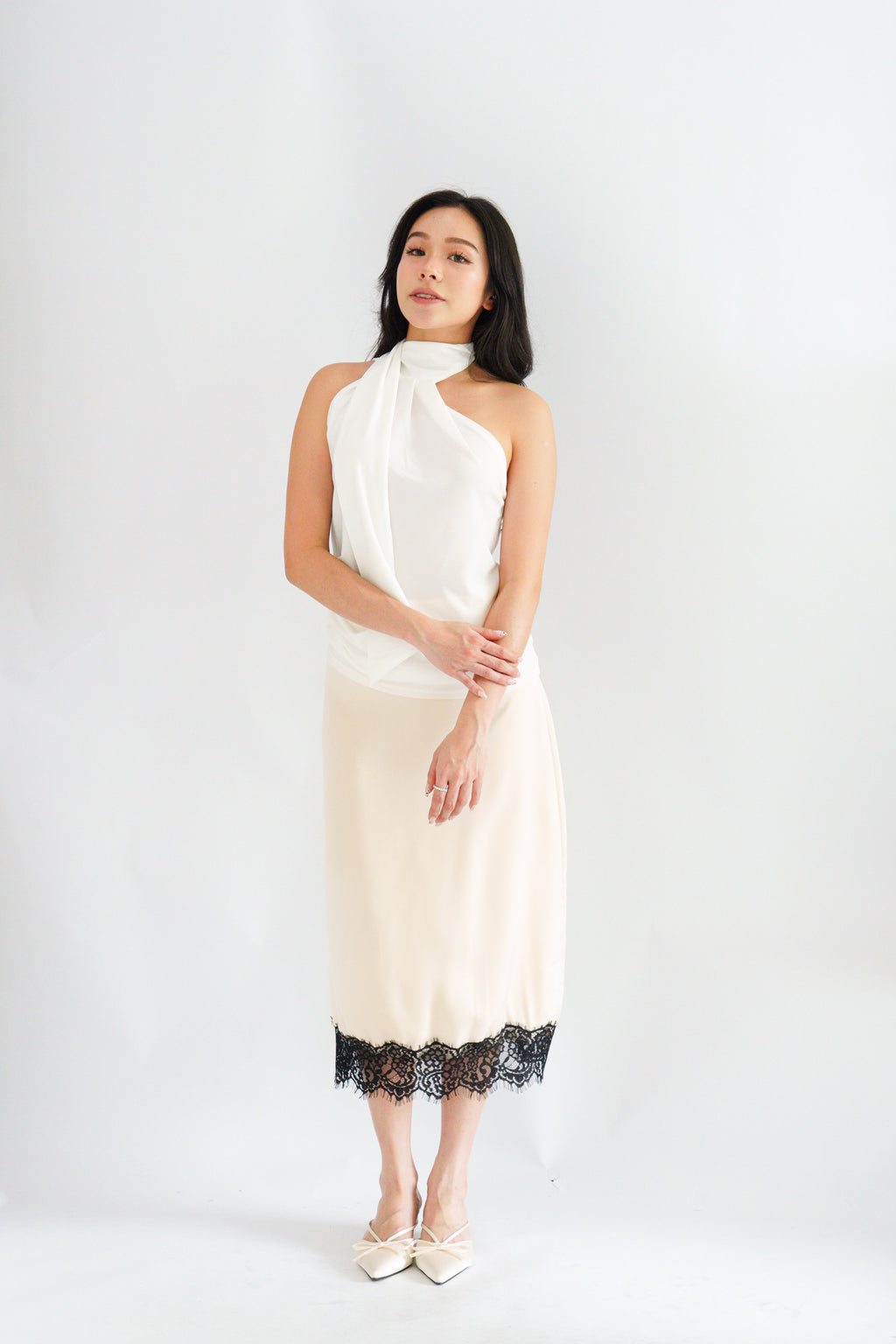 Sarana High Neck Self Tie Choker Top in White