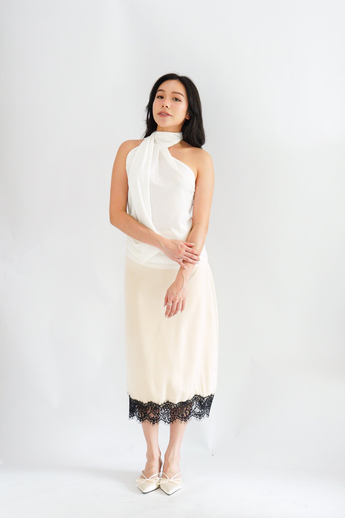 Sarana High Neck Self Tie Choker Top in White