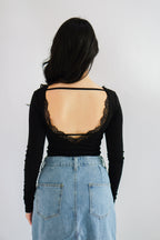 Frinda Square Neck Padded Long Sleeve Top with Lace in Black