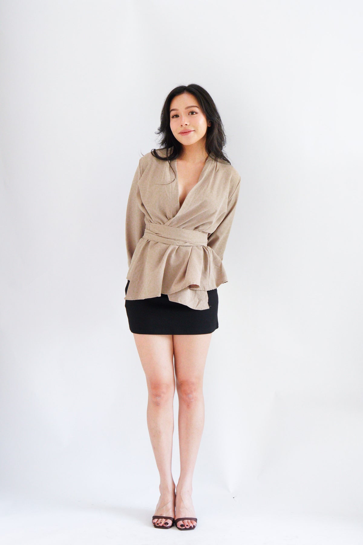 Raiya Self Wrap Long Sleeve Top in Khaki