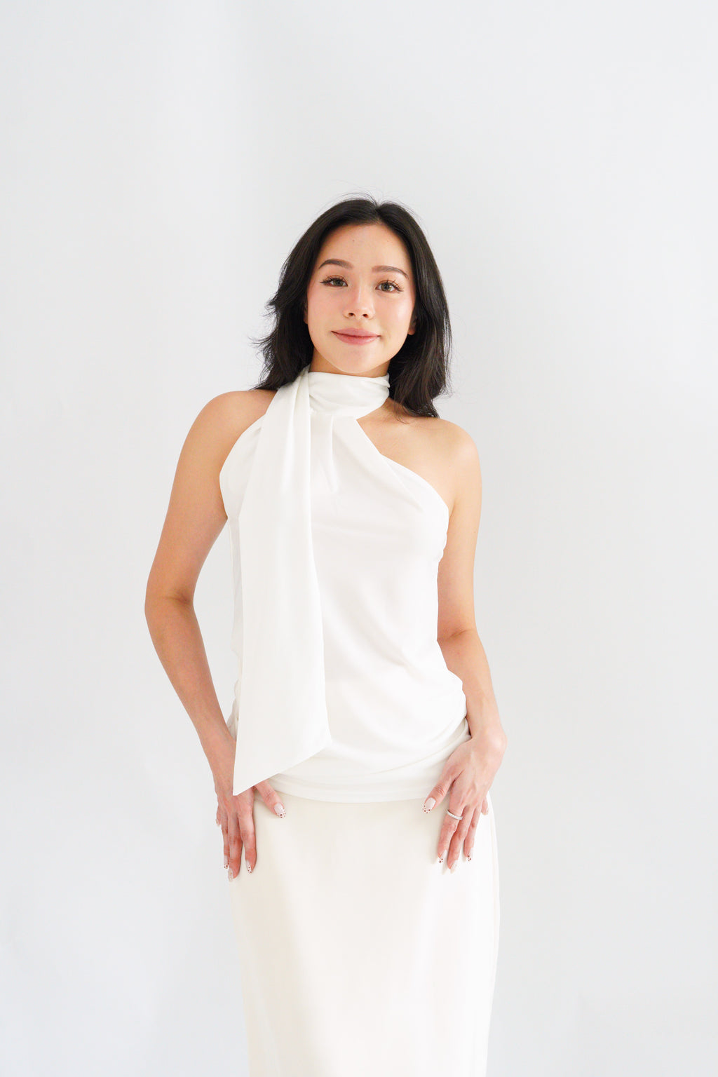 Sarana High Neck Self Tie Choker Top in White