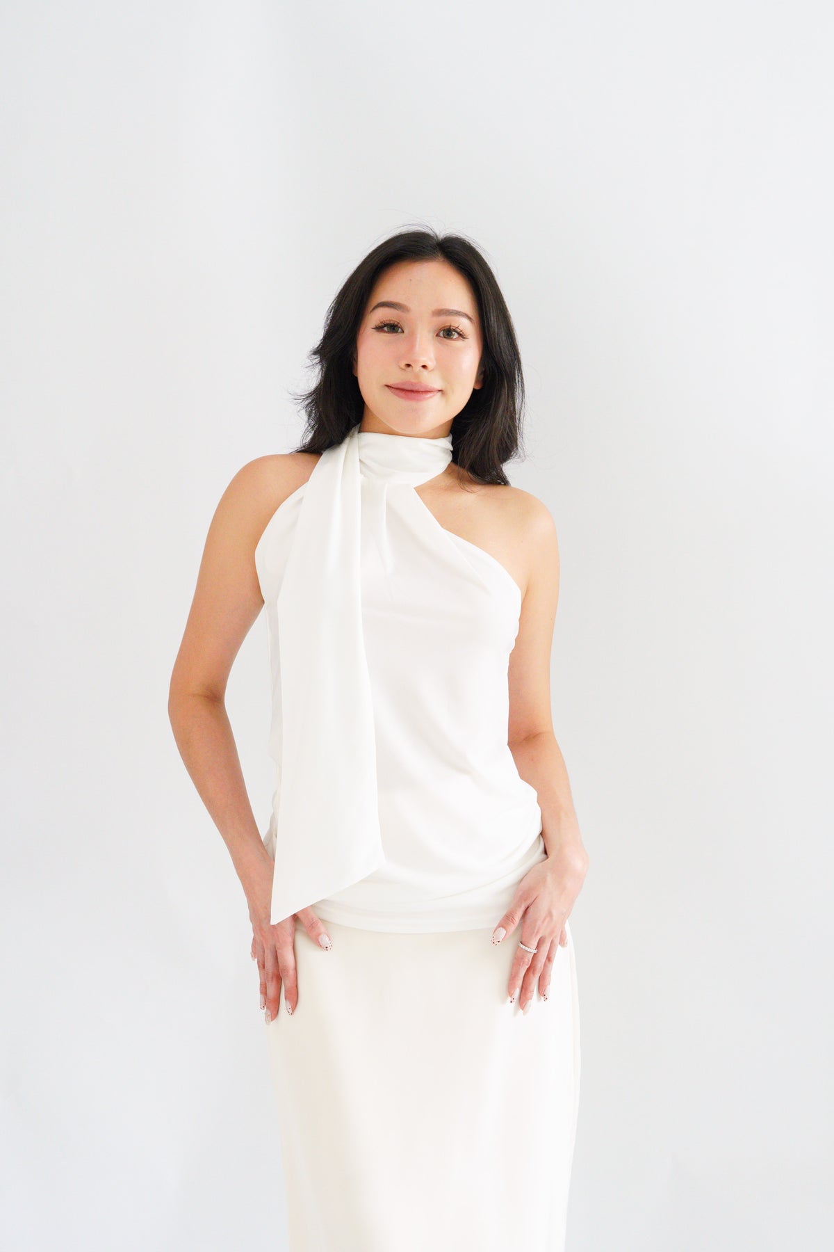 Sarana High Neck Self Tie Choker Top in White