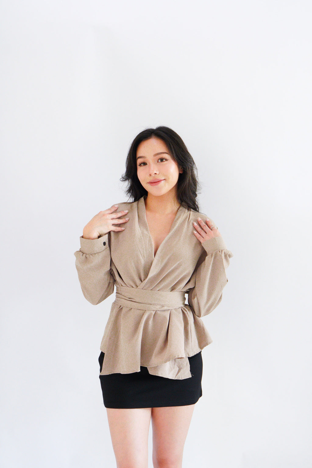 Raiya Self Wrap Long Sleeve Top in Khaki