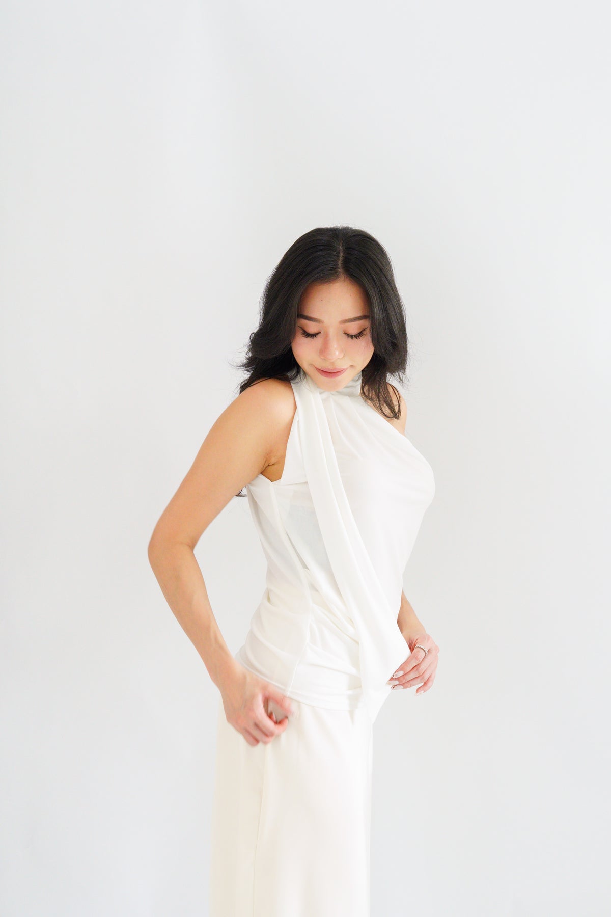 Sarana High Neck Self Tie Choker Top in White