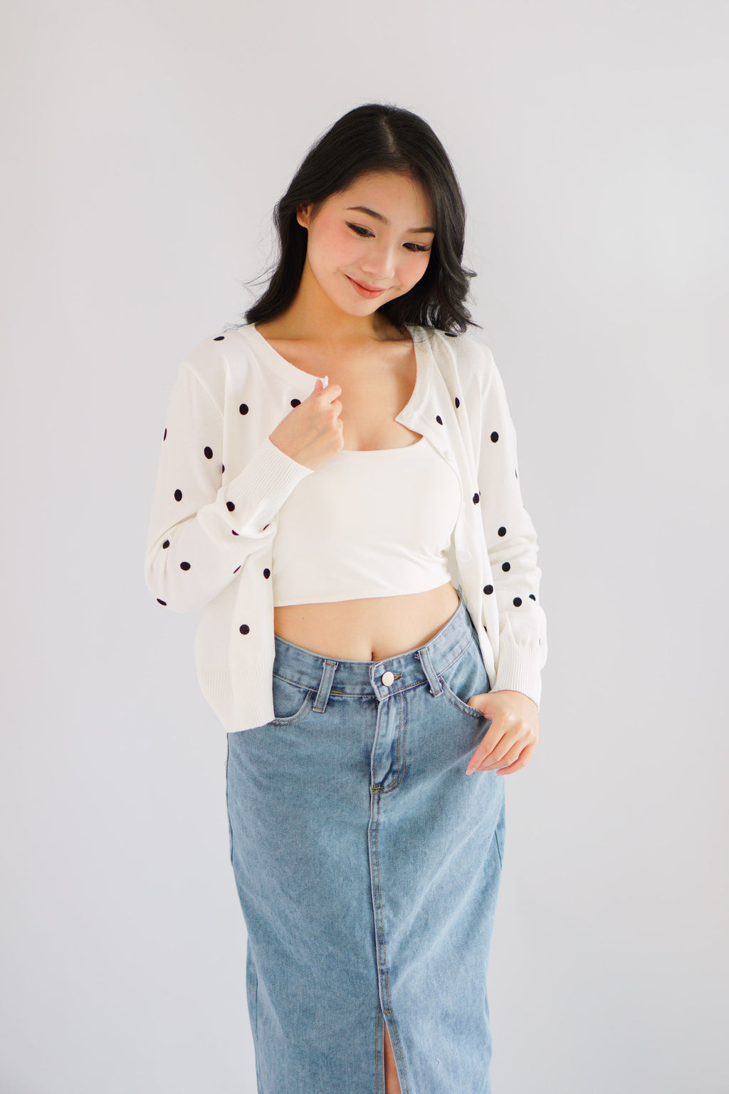 Christabelle Polkadot Knit Cardigan in White