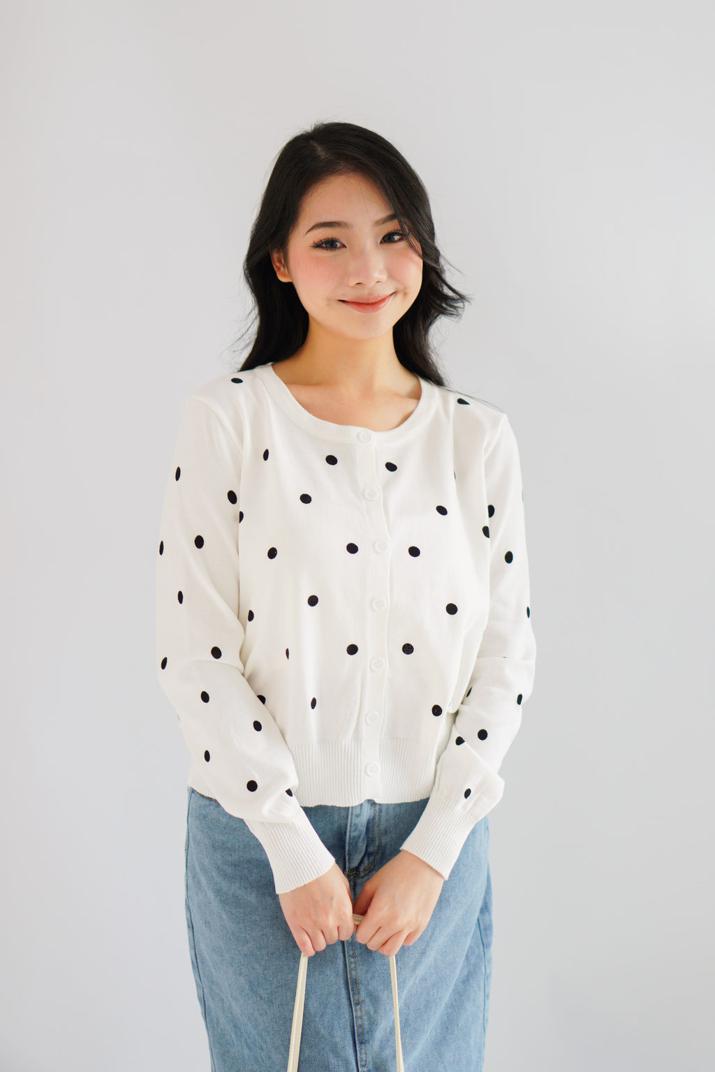 Christabelle Polkadot Knit Cardigan in White