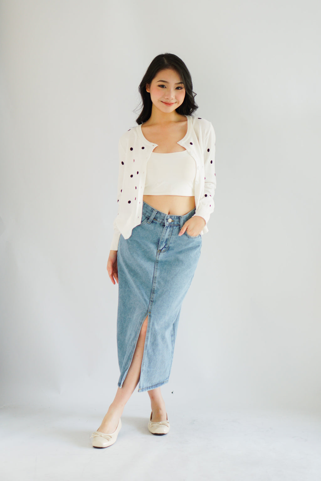 Christabelle Polkadot Knit Cardigan in White