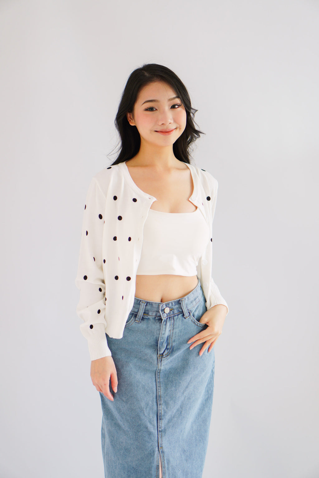 Christabelle Polkadot Knit Cardigan in White