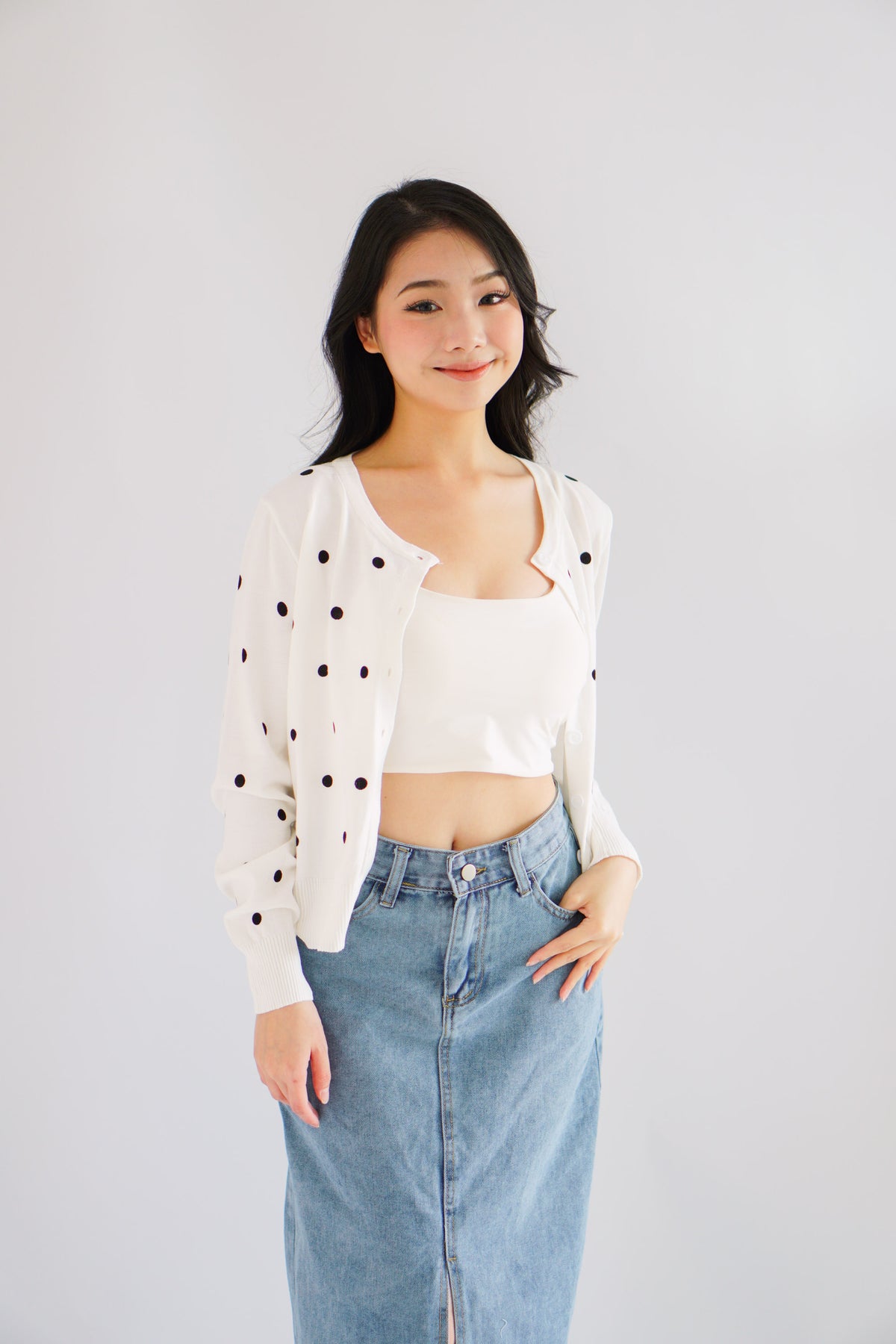 Christabelle Polkadot Knit Cardigan in White