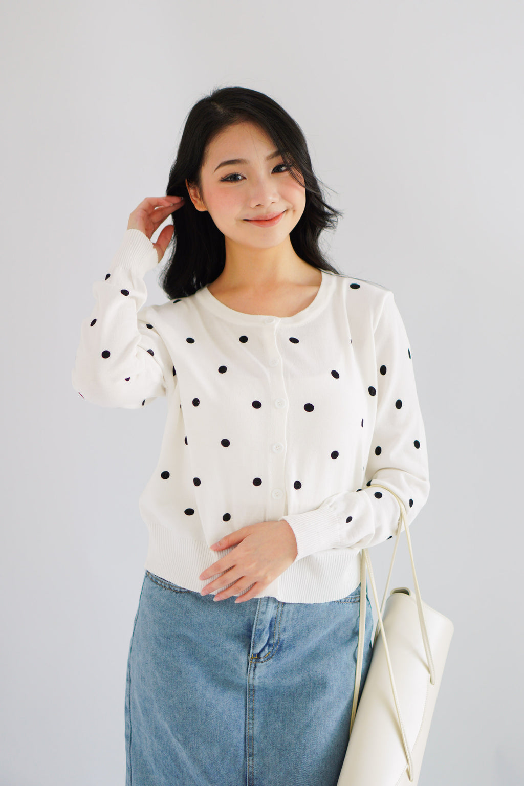 Christabelle Polkadot Knit Cardigan in White